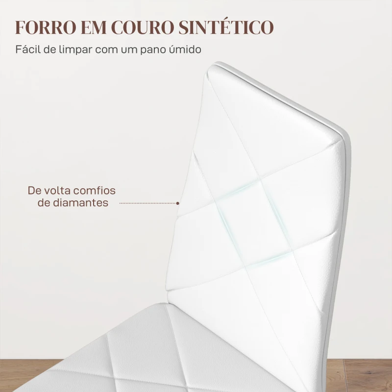 HOMCOM Conjunto de 6 Cadeiras de Sala de Jantar Estofadas em Couro Sintético com Encosto Alto e Pés de Aço 41x50x97 cm Branco