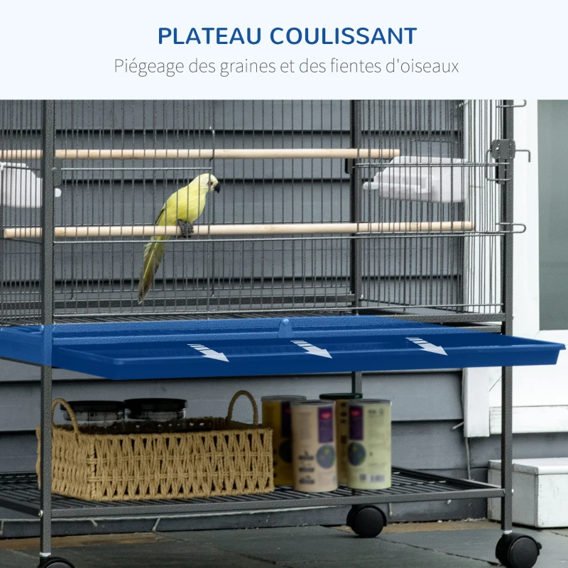 PawHut Cage à oiseaux sur pied volière oiseaux intérieur 4 perchoirs en bois et mangeoires fil d'acier gris foncé