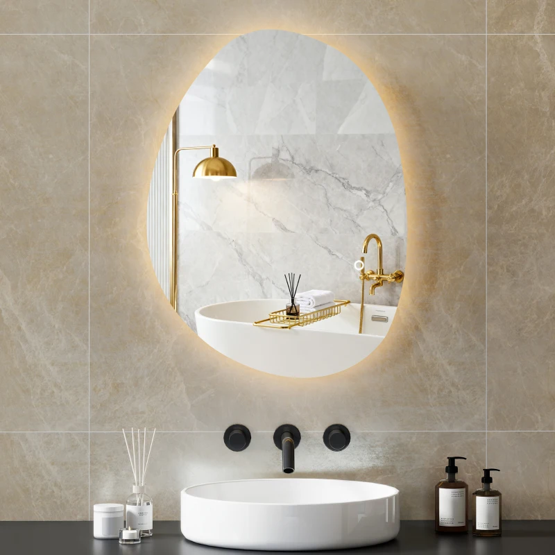 HOMCOM Miroir de Salle de Bain Asymétrique LED 70 x 50 cm - 3 couleurs, anti-buée, montage mural avec interrupteur tactile