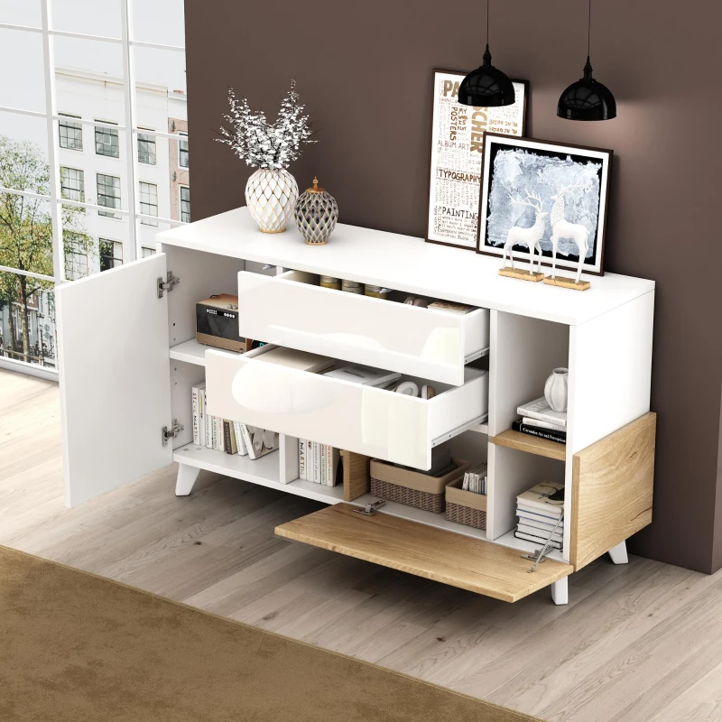 Credenza moderna con spazio contenitore, in Truciolato, 130x40x70 cm, Bianco e color Legno