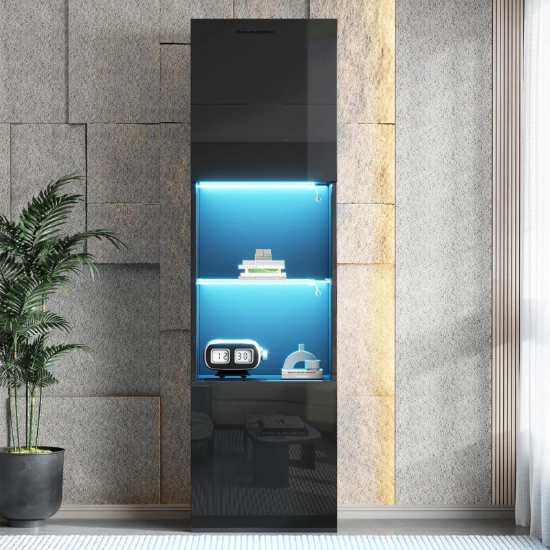 Vetrina per collezione con illuminazione LED e ripiano in vetro, 45x35x160 cm, Nero