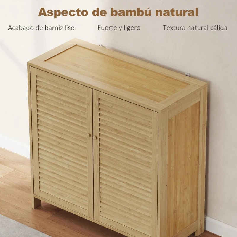 HOMCOM Armario para Zapatos de Bambú con Puertas de Persiana Capacidad para 14 Pares Estantes Ajustables Natural