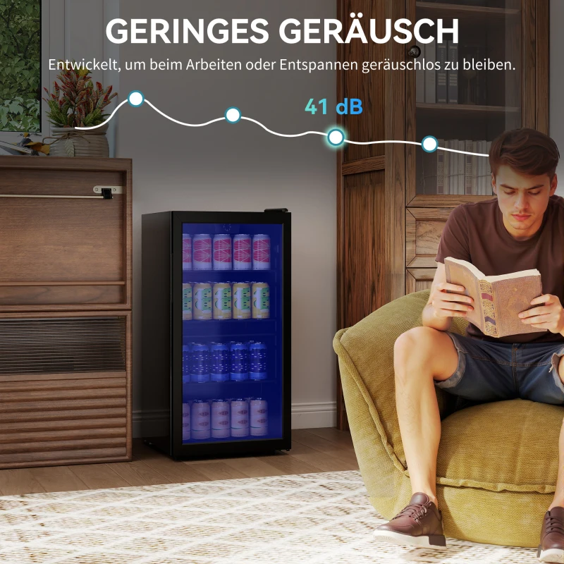 HOMCOM Mini Kühlschrank 93L Kühlbox mit Glastür, verstellbaren Regalen, LED, Temperaturregelung, 47,2 x 43,7 x 83,3 cm Schwarz