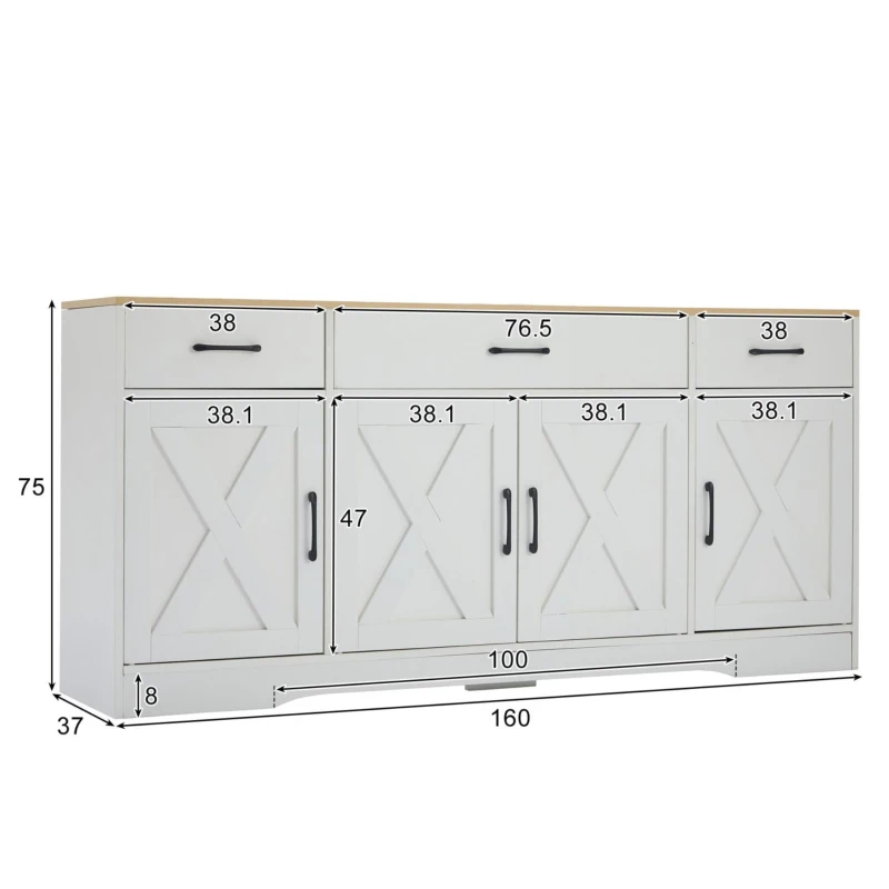 Madia moderna in stile scandinavo con 3 cassetti e 4 ante, 160x37x75 cm, Bianco