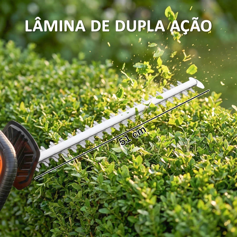 Outsunny Cortador de Sebes a Bateria 18V com Bateria de 2000mAh Lâmina de Dupla Ação 51 cm Motor sem Escovas e Carregador Laranja
