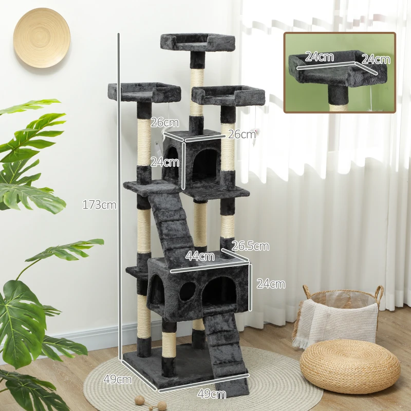 PawHut Albero Tiragraffi per Gatti con 3 Posatoi, 2 Casette e Giochi Appesi, in Legno e Peluche, 49x49x173 cm, Grigio