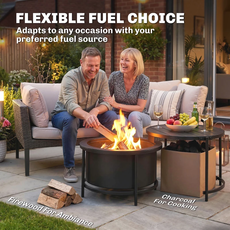 Outsunny Palenisko 66 x 63 x 41 cm Okrągłe miejsce na ognisko z rusztem, pogrzebaczem, pokrywą, stojakiem, czarne