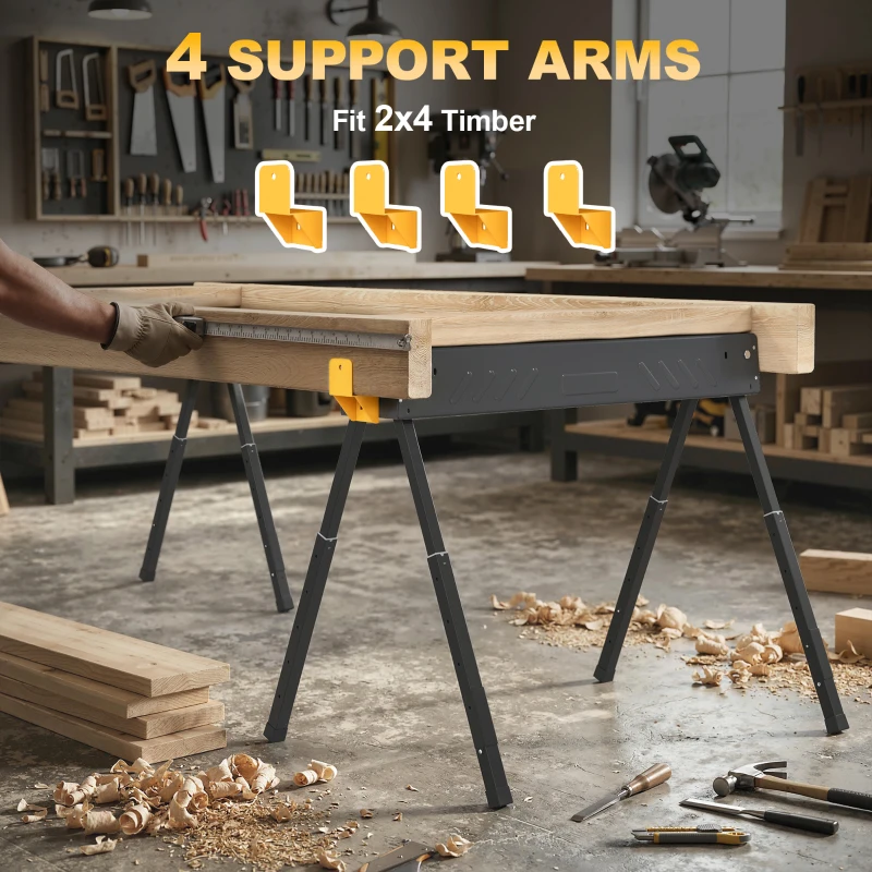 HOMCOM Set de 2 Caballetes para Sierra Plegables Altura Ajustable para Madera 2x4 con Asa Ganchos Soporta hasta 500 kg Negro