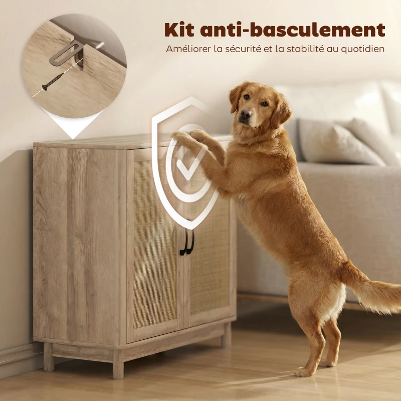 HOMCOM Buffet salon, meuble de rangement avec 2 portes en rotin, étagère réglable et bords arrondis, 76 x 35 x 75,5 cm, chêne