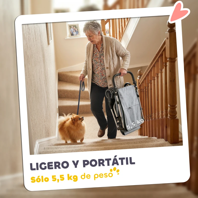 PawHut Cochecito para Mascotas Ligero y Plegable para Perros Pequeños con Ventilación Óptima 80x48,5x106 cm Gris y Plata