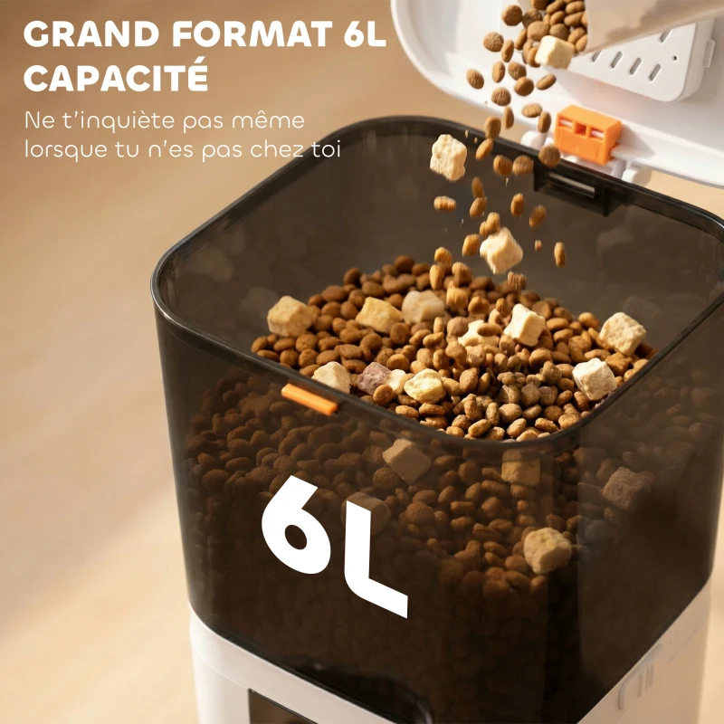 PawHut Distributeur Croquettes Chat Automatique 2 Animaux 6L Double Bol Inox WiFi Tuya App ABS 37x36x35cm Blanc