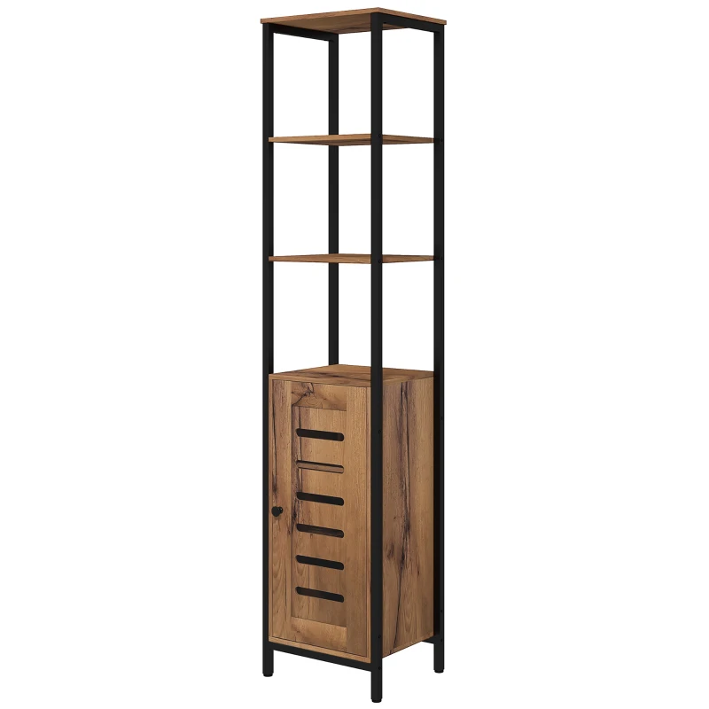 kleankin Columna de Baño Estrecha con Puerta de Lamas Estantes Ajustables Compartimentos Abiertos 37x30x167 cm Marrón Rústico