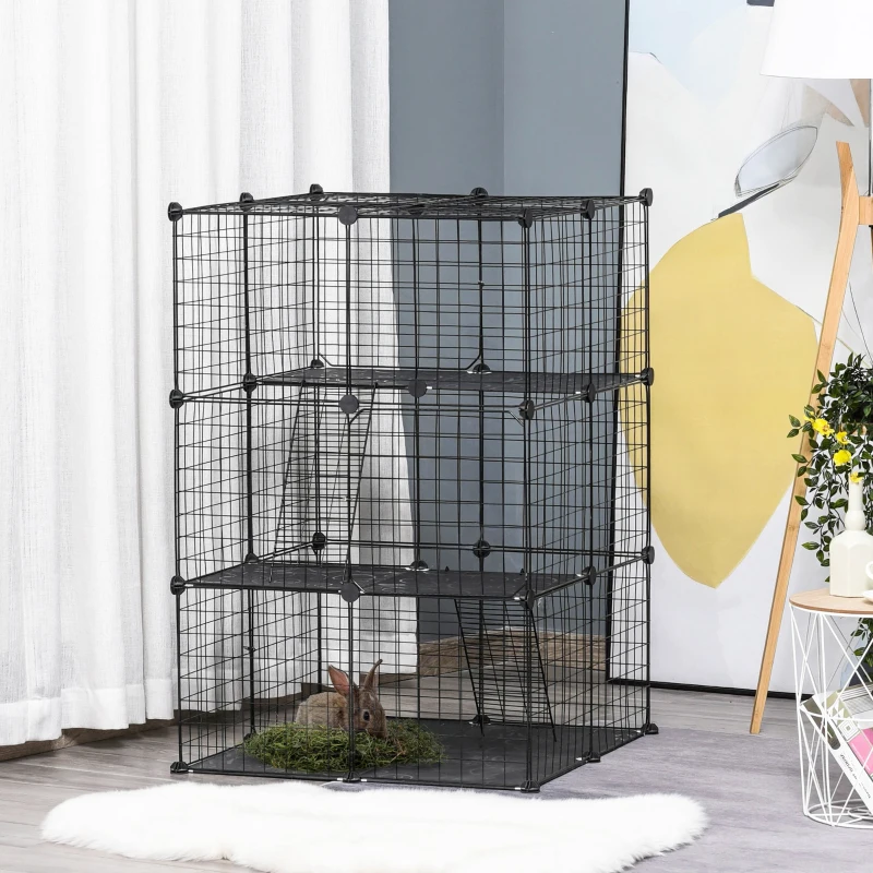 PawHut Enclos pour petits animaux, cage à lapin modulable 3 niveaux, 39 panneaux avec  rampes, en métal, 70 x 70 x 105 cm, noir