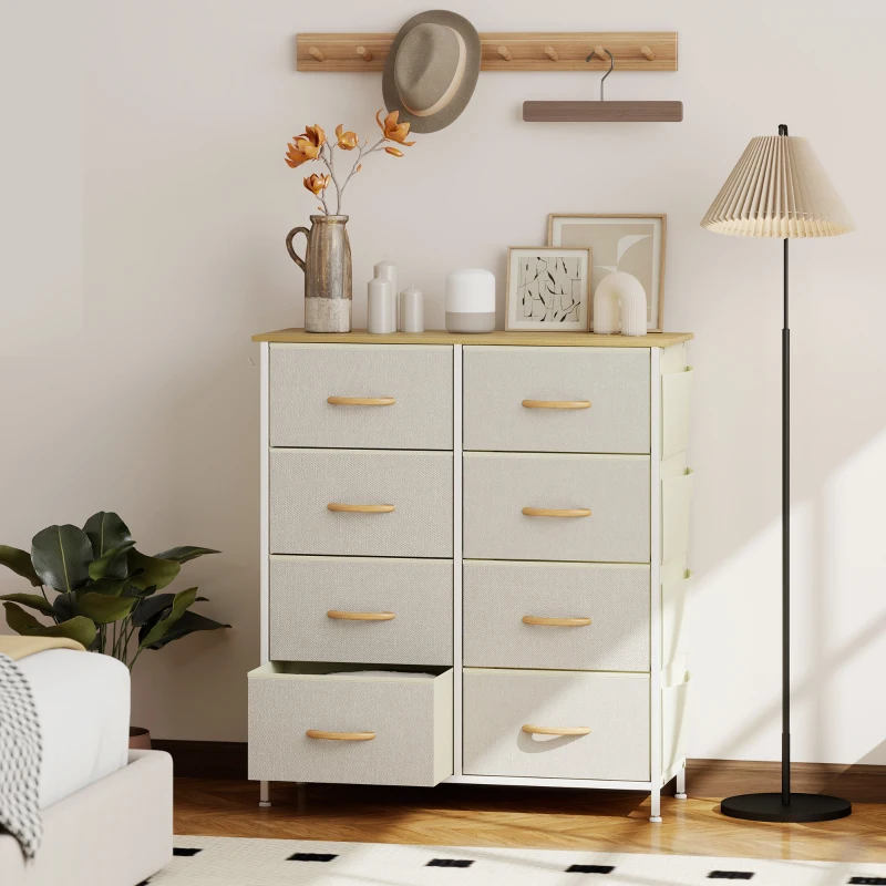 HOMCOM Commode 8 tiroirs en tissu, meuble de rangement avec 4 poches, 2 crochets, structure en acier, 86 x 30 x 94,5 cm, beige
