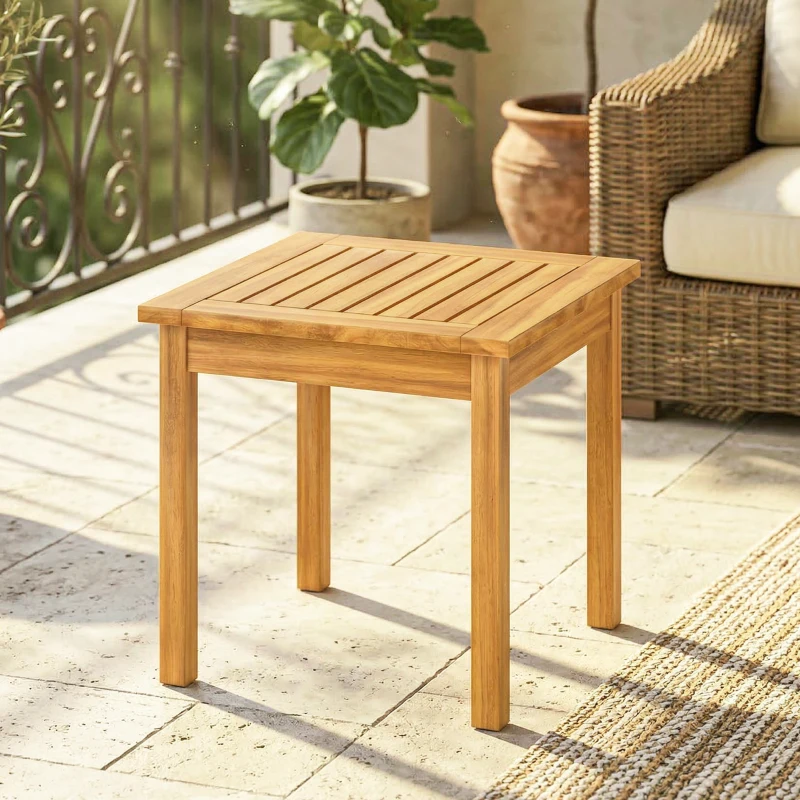 Outsunny Table Basse de Jardin Carrée en Bois d'acacia Massif, avec Plateau à Lattes, Pieds Réglables, 48x48x46cm, Naturel