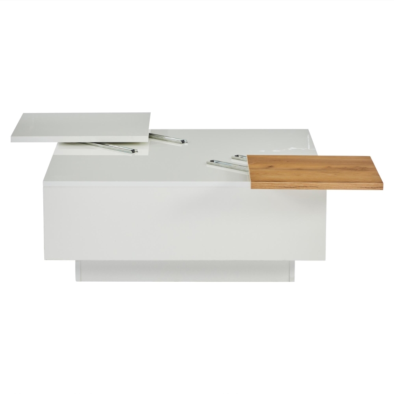 Tavolino da caffè moderno e lucido con piani scorrevoli e 4 cassetti, 75x75x33 cm, Bianco e color legno