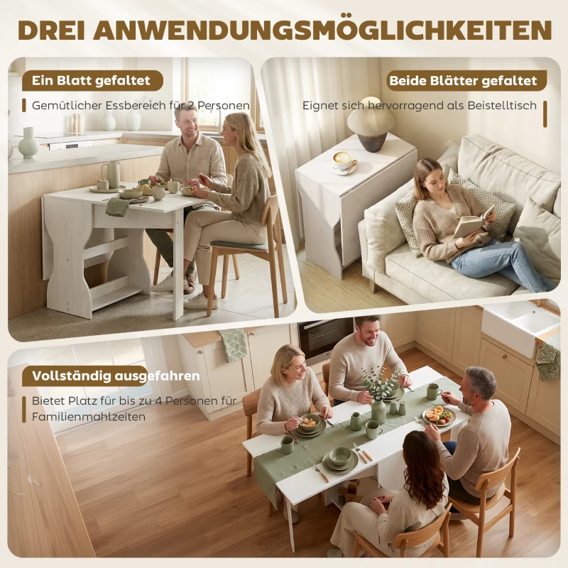 HOMCOM Esstisch Klappbar Küchentisch mit Stauraum für 2-4 Personen Klapptisch für Kleine Räume Esszimmer 160 x 60 x 75 cm Weiß