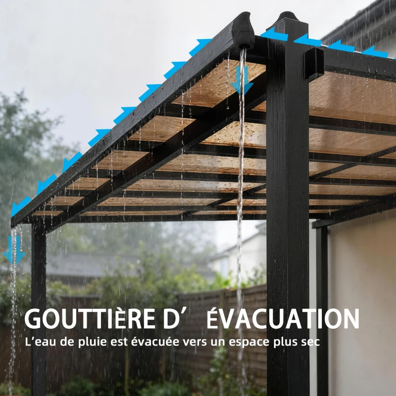 Outsunny Pergola adossée 3,8 x 3 m avec toit en polycarbonate, structure rigide en aluminium avec gouttières intégrées, gris foncé