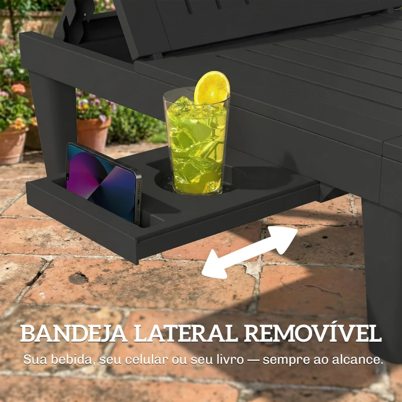 Outsunny Conjunto de 2 Espreguiçadeiras Reclináveis em Plástico PP com Bandeja Lateral e Encosto Ajustável 5 Níveis 192x57x28,5 cm Preto