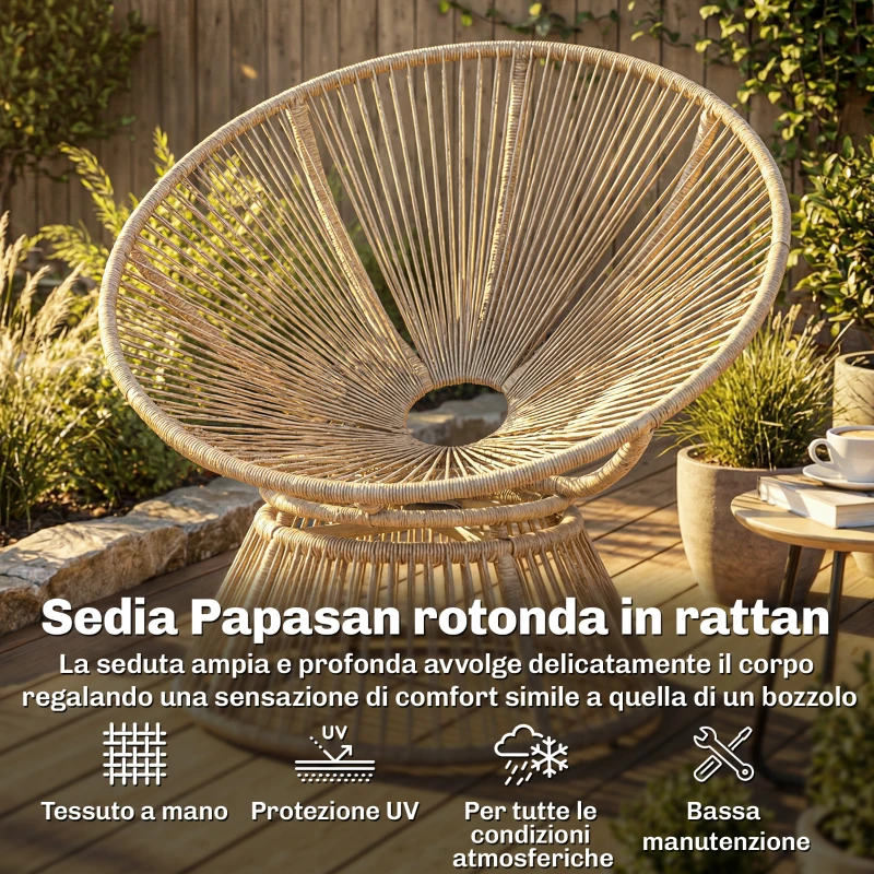 Outsunny Poltrona Papasan Rattan 360° Moon Chair con Cuscino Interni/Esterni, Bianco Crema