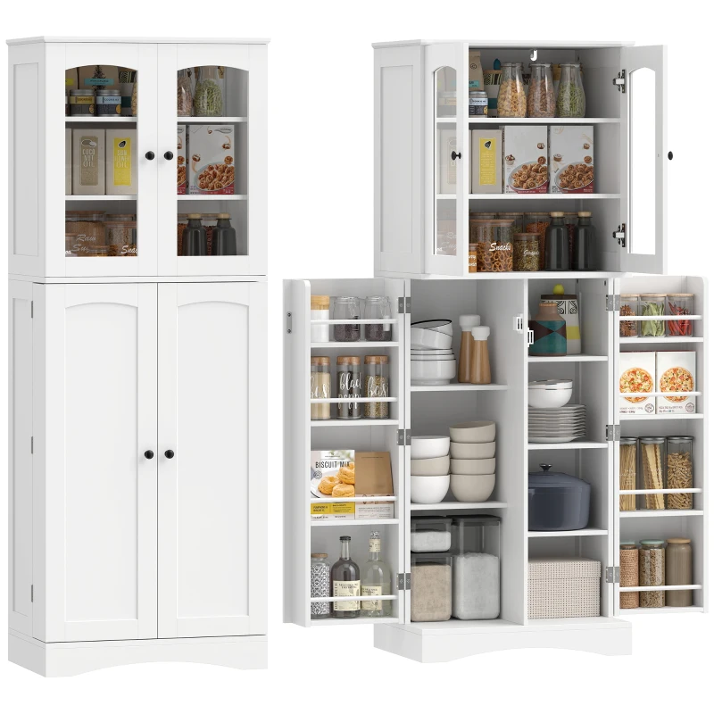 HOMCOM Armário Despensa de Cozinha com 4 Portas 8 Compartimentos e 10 Prateleirascom 4 Prateleiras Ajustáveis 60x40x162 cm Branco