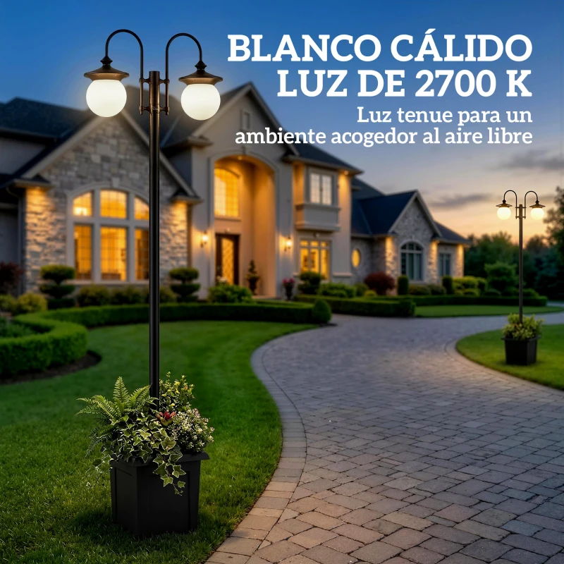 Outsunny Farola Solar Exterior de Jardín con Macetero 2 Cabezales Impermeable IP44 Encendido/Apagado Automático Altura Ajustable
