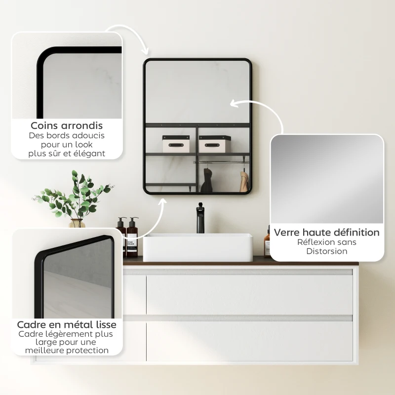 HOMCOM Miroir mural rectangulaire 50 x 40 cm, miroir décoratif moderne avec cadre en métal pour salon, entrée, couloir, noir