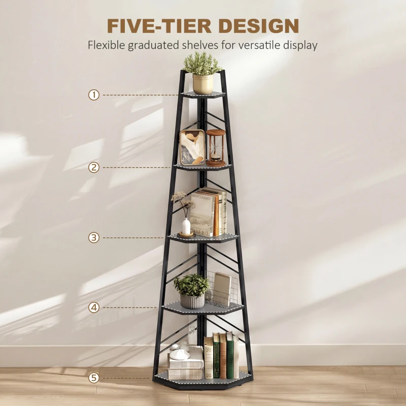 HOMCOM Corner Bookcase, 5-Tier Floor Standing Bookshelf, Shelving Unit for Living Room, Study, Bedroom, Black