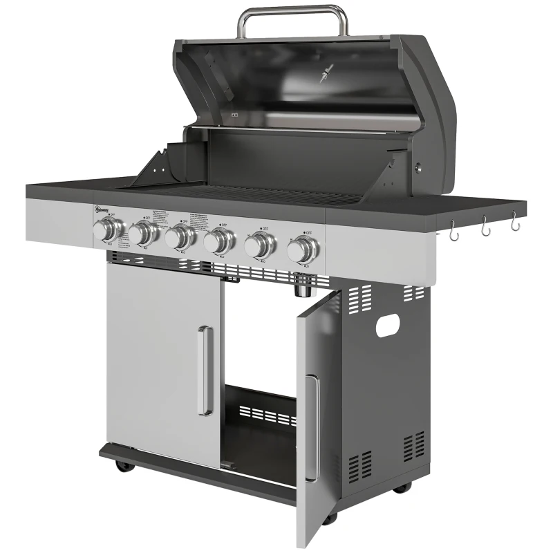 Grill gazowy 8500BTU, 6 palników ze stali, termometr, srebrny