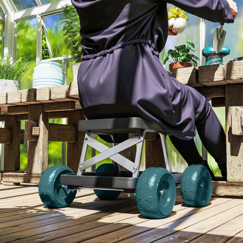 Outsunny Siège de jardin sur roues tabouret de jardinage plateau à outils pour désherber planter 50 x 49 x 32 cm vert foncé