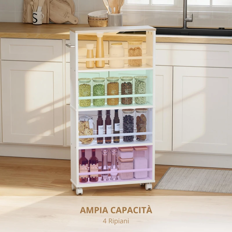 HOMCOM Scaffale multifunzione con ruote, struttura sottile, 4 scomparti, 45x15x91 cm, Legno naturale