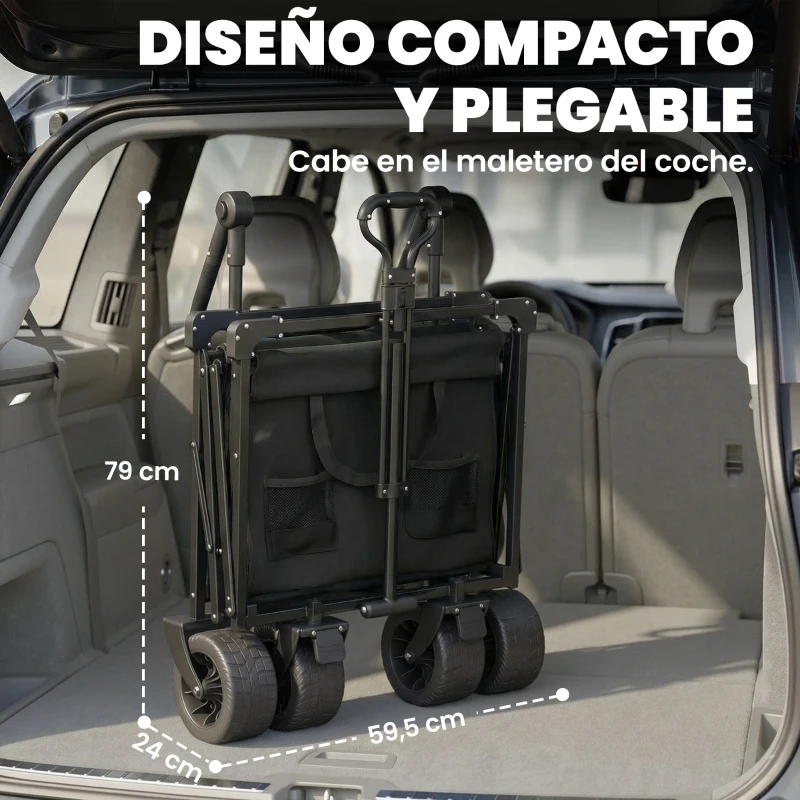 Outsunny Carro de Jardín Plegable con Ruedas Grandes Bloqueables Barra Ajustable Portavasos para Campaña 125x59x133 cm Negro