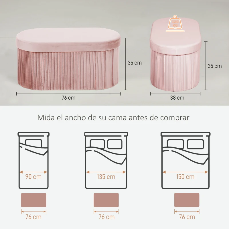 HOMCOM Puff Almacenaje Banco Almacenaje Plegable 72 L 76x38x35 cm Tapizado en Terciopelo Baúl de Almacenamiento Rosa