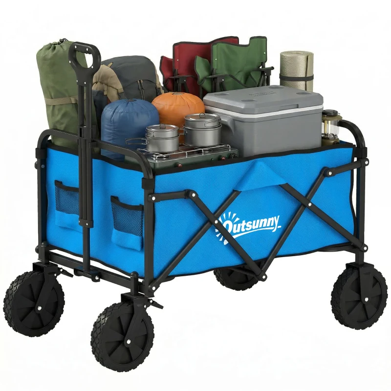 Outsunny Carrinho de Jardim Dobrável com Rodas Bloqueáveis Cabo Ajustável Porta-Copos Carga 80 kg para Camping 85x50x99 cm Azul