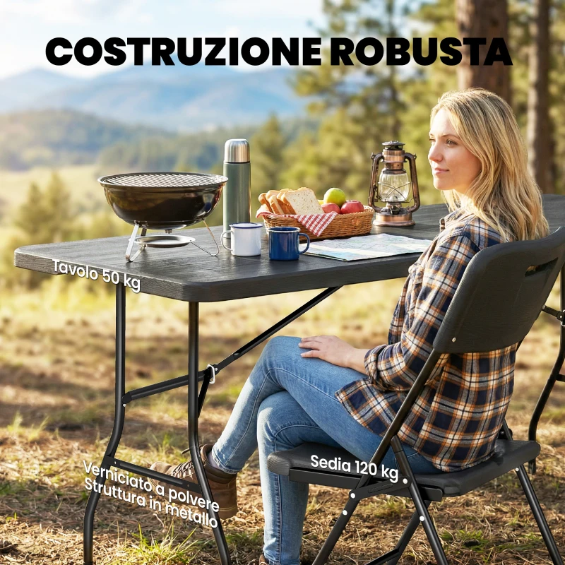 Outsunny Set Tavolo e Sedie da Campeggio 5pz con Tavolino Pieghevole e 4 Sedie, in HDPE e Metallo Nero