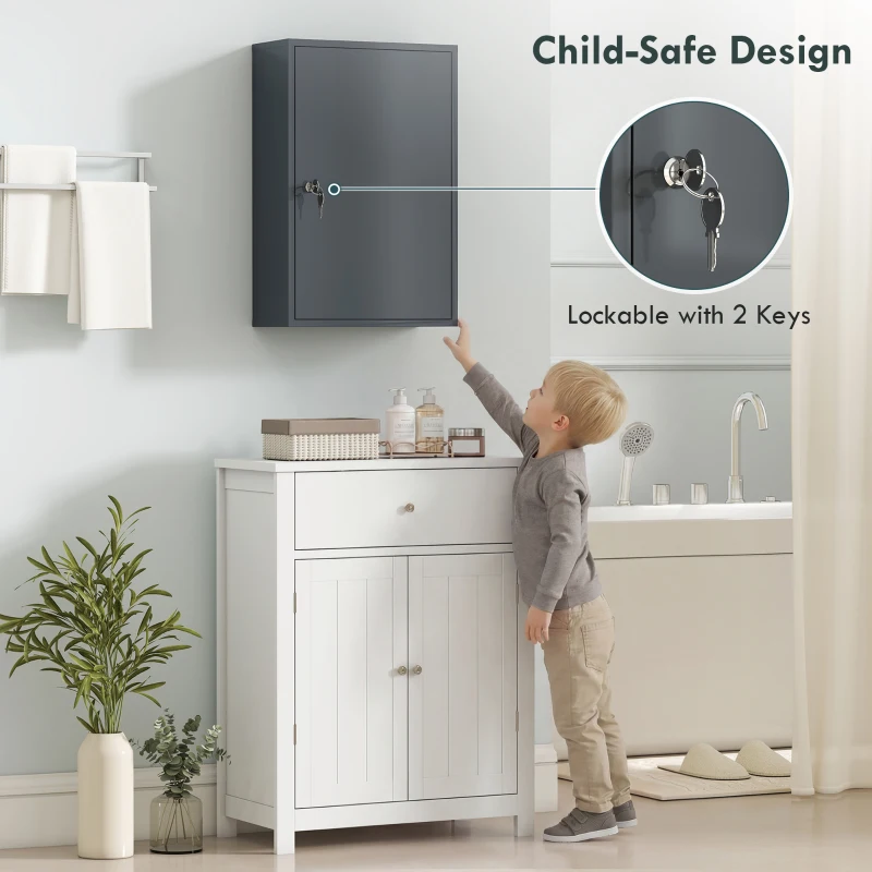 kleankin Wisząca szafka na leki, szafka łazienkowa z 3 półkami, 2 kluczami, 40 x 18 x 60 cm, szary