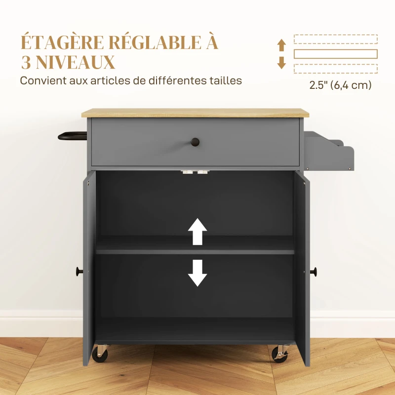 HOMCOM Desserte de cuisine sur roulettes, Îlot central cuisine tiroir étagère réglable support à épices et porte-serviette gris