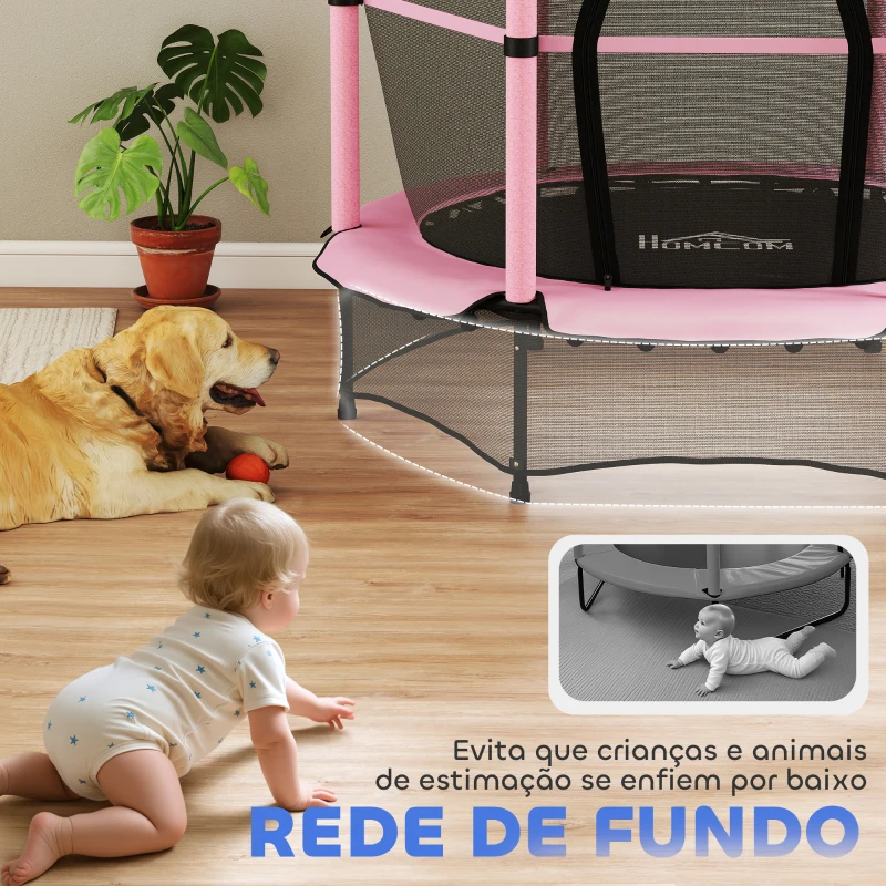 HOMCOM Trampolim para Crianças com Rede de Segurança e Estrutura de Aço para Interiores e Exteriores Carga 50kg Ø140x190 cm Rosa