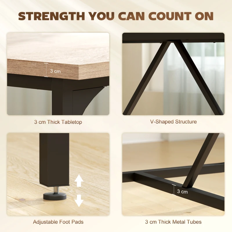 HOMCOM Prostokątny Stół Jadalniany dla 6-8 Osób, Nowoczesny Stół Kuchenny – Blat w Wyglądzie Drewna i Czarne Stalowe Nogi z Regulowanymi Nakładkami, 180 x 80 cm, Naturalny