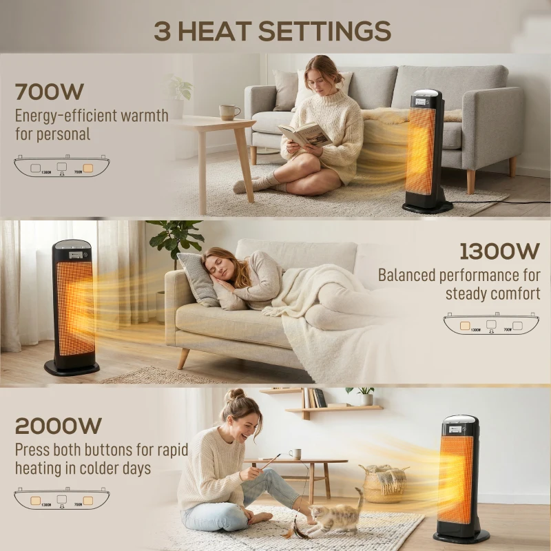 HOMCOM Ceramic Space Heater, 2000W Fan Electric Heater with 4 Modes, Adjustable Thermostat, 55° Oscillation, Tip-Over and Overheat Protection for Bedroom, Home Office, Black