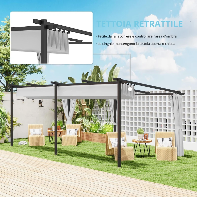 Outsunny Pergola giardino esterno 3 x 6 m pergola scorrevole retrattile con pareti laterali, copertura solare UPF30+, grigio