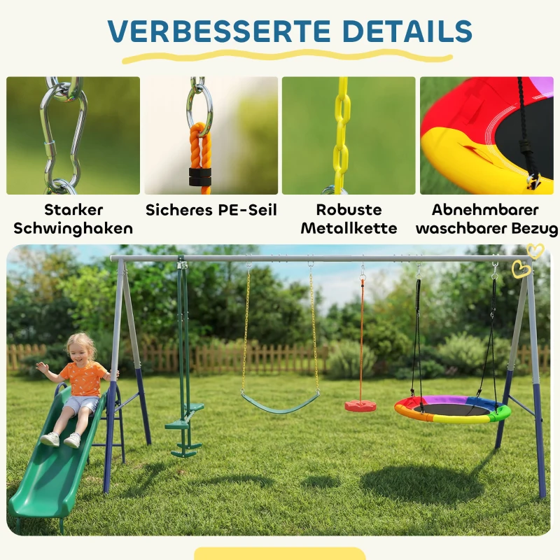 AIYAPLAY 5 in 1 Schaukelgestell mit Rutsche höhenverstellbar Schaukelgerüst mit Nestschaukel 382x196 x203 cm Mehrfarbig