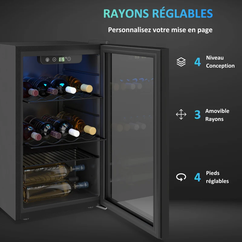 HOMCOM Cave à vin 24 bouteilles 68L, réfrigérateur à vin et boissons avec température réglable 4-16 °C, porte réversible, noir