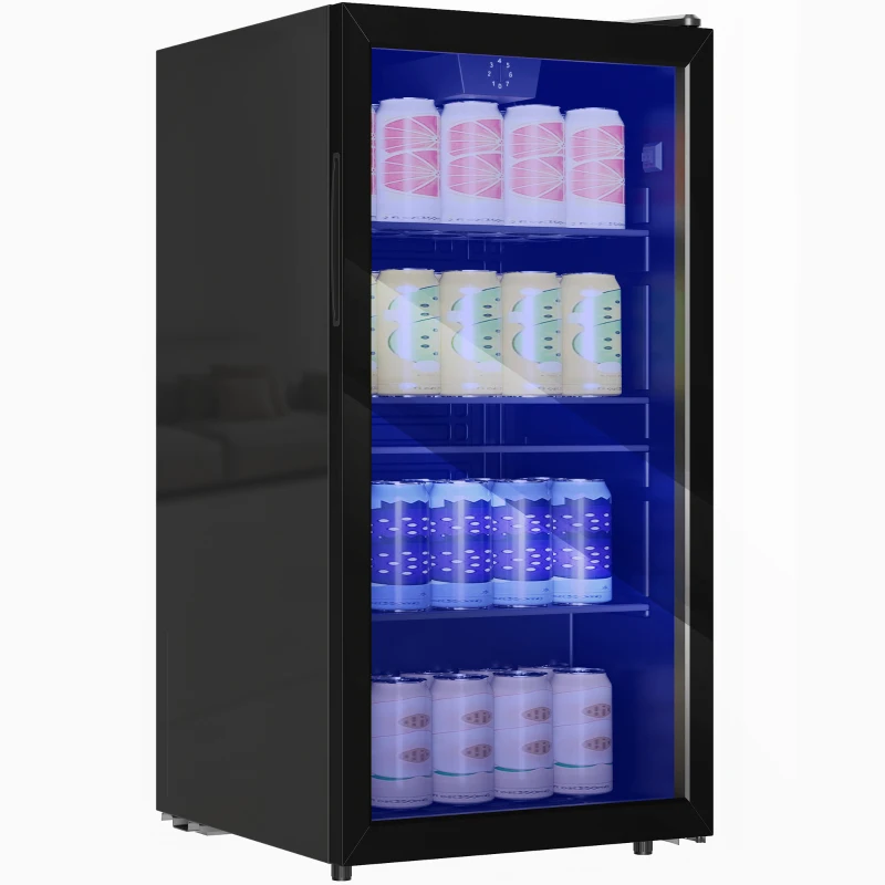 HOMCOM 93L Drinks Fridge, 115 Can Freestanding Beer Fridge with Glass Door, Adjustable Shelves, LED Light, for Beer Soda, Black