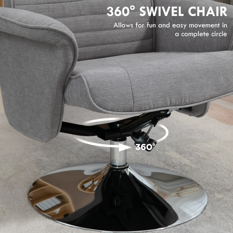 HOMCOM Swivel Recliner Chair with Footstool, Velvet Recliner Armchair with Ottoman, Steel Base, Upholstered Reclining Chair for Living Room, Bedroom, Office, Grey