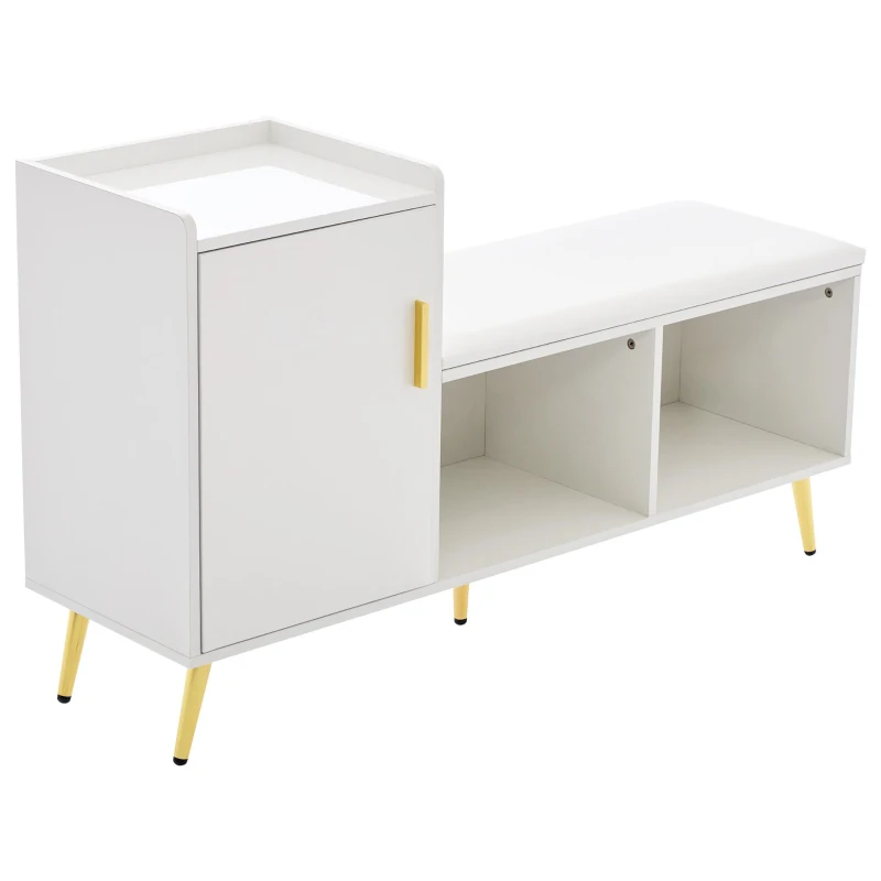 Mobile scarpiera lucido con panca imbottita, ripiani regolabili e dettagli dorati, 120x35x71.5 cm, Bianco