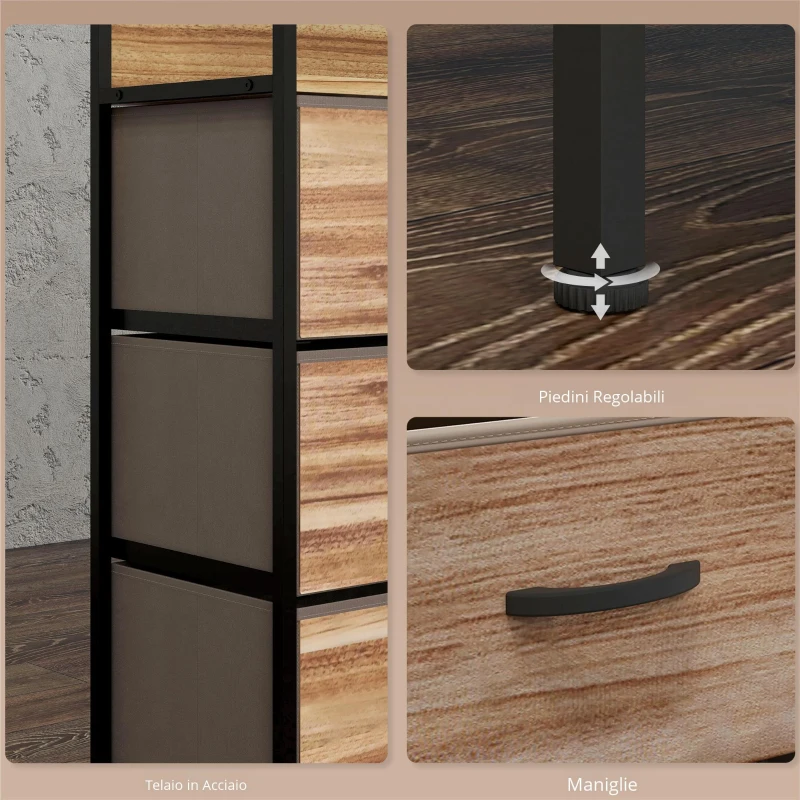 HOMCOM Cassettiera con 3 Cassetti in Tessuto Rimovibili e 2 Ripiani, 60 x 29 x 101cm, MDF e Metallo, Naturale e Nero