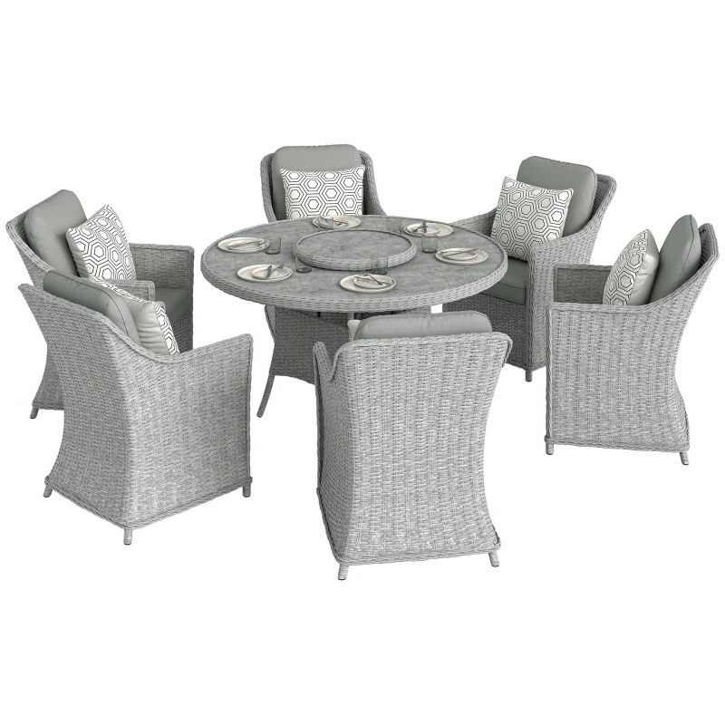 Outsunny Rattan Garden Dining Set with Turntable, Marble Effect Glass Round Garden Table and Chairs with Aluminium Frame, Grey