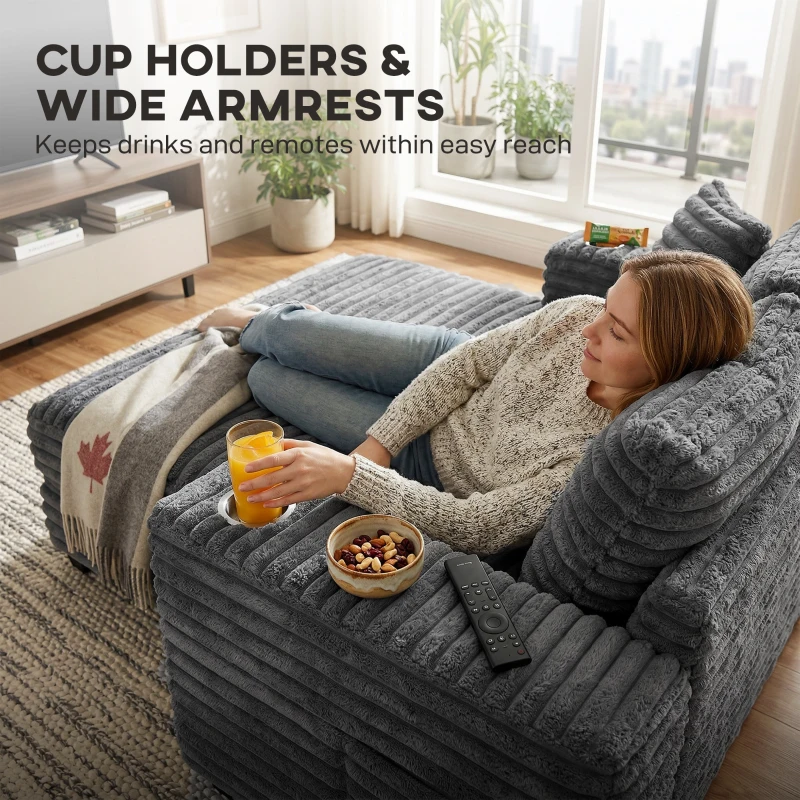 HOMCOM Szezlong 2-osobowy, sofa z funkcją spania 134 x 151 cm z uchwytami na napoje, do salonu, szara