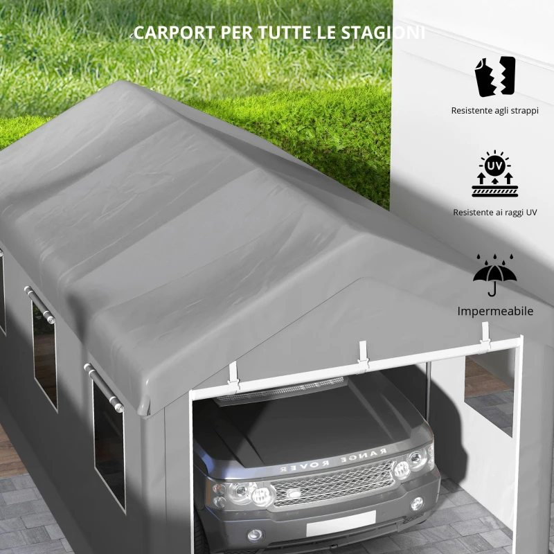 Outsunny Tenda per Auto 6L x 2,95l x 2,78H m in Acciaio Zincato e PE ad Alta Densità 160 g/m² con 2 Porte Avvolgibili e 6 Finestre, Grigio Chiaro